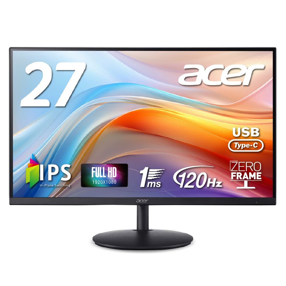 Acer モニター 27インチ フルHD 非光沢 IPS 120Hz 1ms(VRB) AdaptiveSync HDMI 1.4 Type-C・65W給電対応 スピーカー・ヘッドフォン端子 VESAマウント対応 高さ調整 ゼロフレームデザイン SH272G0bmihux