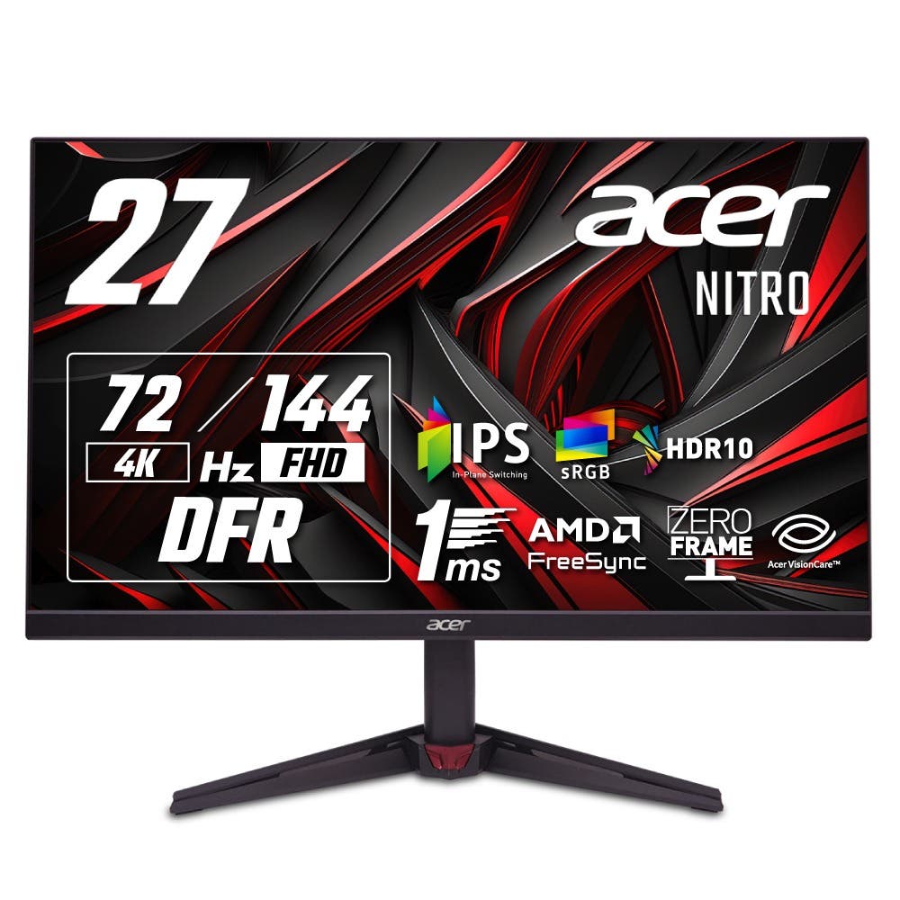 Acer 27インチ 可変リフレッシュレート 1ms 144Hz(FHD) 72Hz(4K) IPS 非光沢 10億7000万色 sRGB 99% AMD FreeSync HDR10 ブルーライト低減 ブラックブースト HDMI 2.0 DisplayPort v1.2 スピーカー・ヘッドホン端子 6軸カラー ゼロフレーム Nitro ゲーミングモニター VG270KL1bmiipx