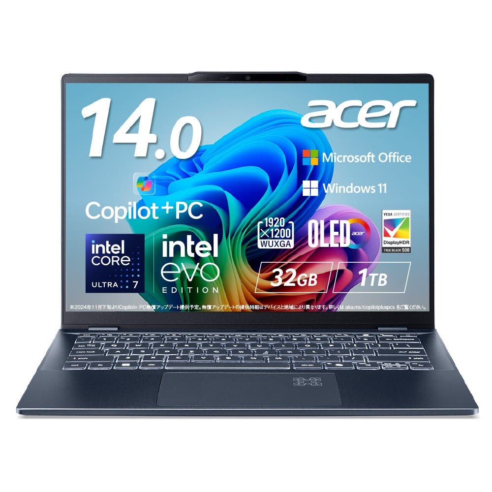 Acer Swift 14 ノートパソコン AI Core Ultra 7 32GBメモリー 1TB SSD 14インチ WUXGA 16:10 OLED Adobe 100% DCI-P3 100% Microsoft Office 1.26kg 17.5時間駆動 QHD Webカメラ 顔認証 指紋認証 WiFi 6E 日本語キーボード Copilot＋PC SF14-51-A73Z/F