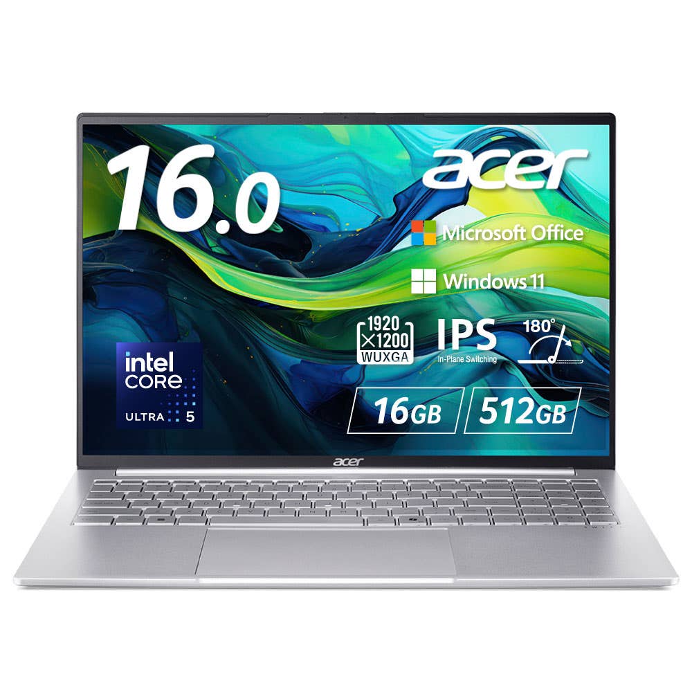 Acer Swift Lite 16 Windows 11 Home ノートパソコン AI Core Ultra 5 16GBメモリー 512GB SSD 16インチ  WUXGA 16:10 IPSパネル 超薄型 軽量 Office 10時間駆動 フルHD Webカメラ スライドカバー付 WiFi 6対応 日本語キーボード Copilotキー ライトシルバー  SFL16-51M-F56Y/F