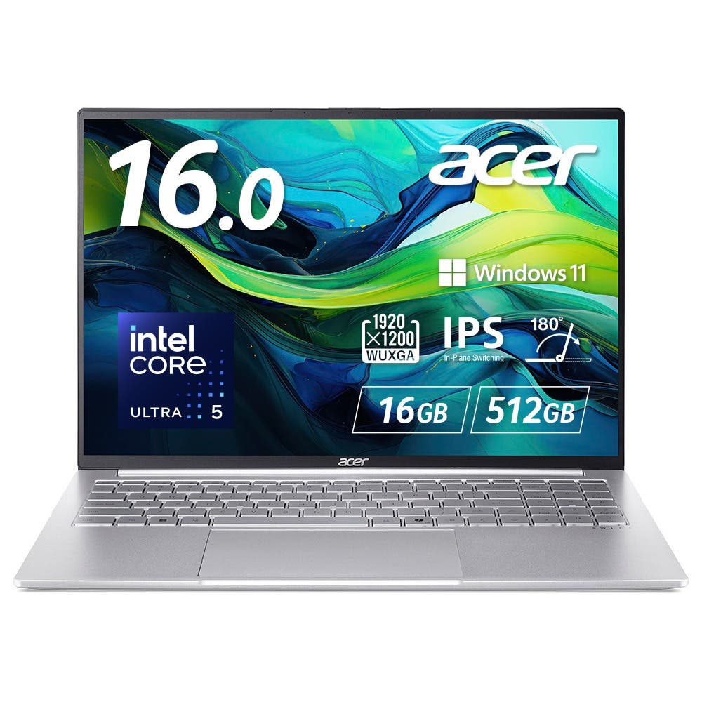 Acer Swift Lite 16 ノートパソコン AI Core Ultra 5 16GBメモリー 512GB SSD 16インチ  WUXGA 16:10 IPSパネル 超薄型 軽量 10時間駆動 フルHD Webカメラ スライドカバー付 WiFi 6対応 日本語キーボード Copilotキー ライトシルバー  SFL16-51M-F56Y