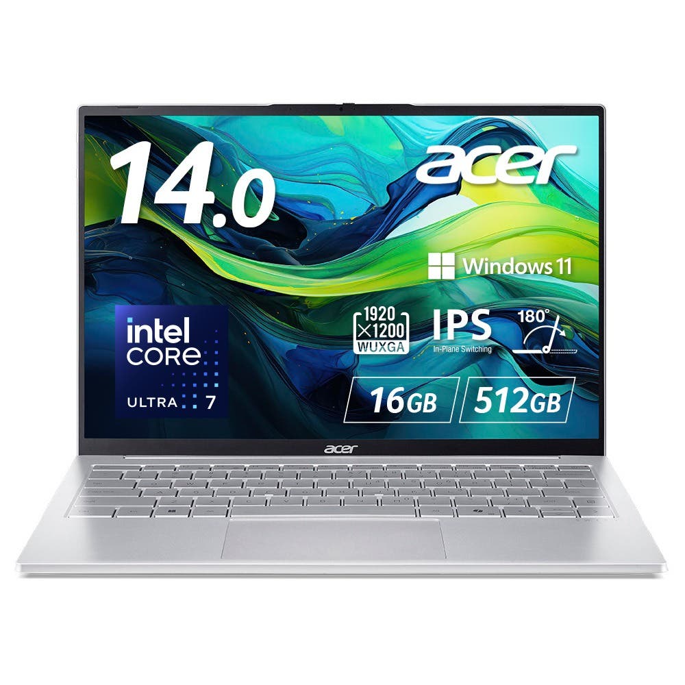 Acer Swift Lite 14 ノートパソコン AI Core Ultra 7 16GBメモリー 512GB SSD 14インチ  WUXGA 16:10 IPSパネル 990g 9時間駆動 フルHD Webカメラ スライドカバー付 WiFi 6対応 日本語キーボード Copilotキー ライトシルバー SFL14-54M-F76Y