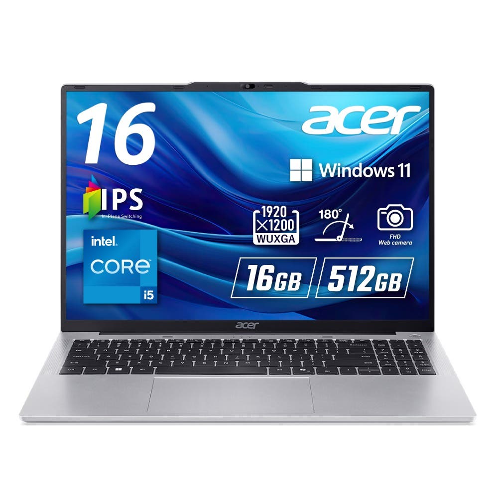 Acer ノートパソコン Aspire Lite インテル Core i5 1334U 16GBメモリー 512GB SSD 16インチ WUXGA 16:10 IPSパネル 1.82Kg 8時間駆動 200万画素 Webカメラ スライドカバー付 WiFi 6対応 Bluetooth 5.2 日本語キーボード Copilotキー ライトシルバー AL16-52P-F56Y