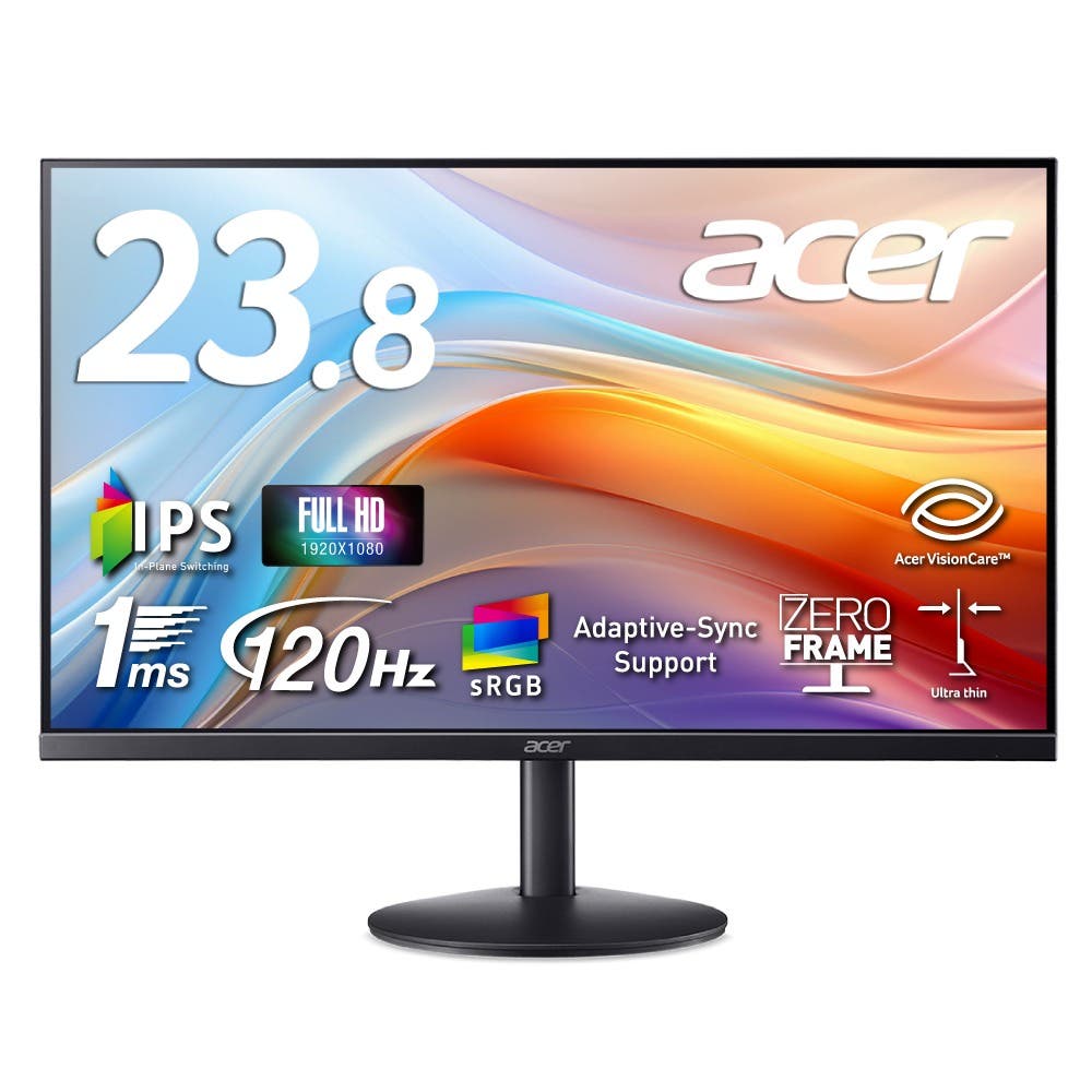 Acer モニター 23.8インチ フルHD IPS 非光沢 sRGB 99% 1ms(VRB) 120Hz Adaptive-Sync ゼロフレーム 超薄型デザイン HDMI 1.4 ミニD-Sub 15ピン ブルーライト低減 Acer Display Widget 6軸カラー調整 VESAマウント対応 SA243YG0bi