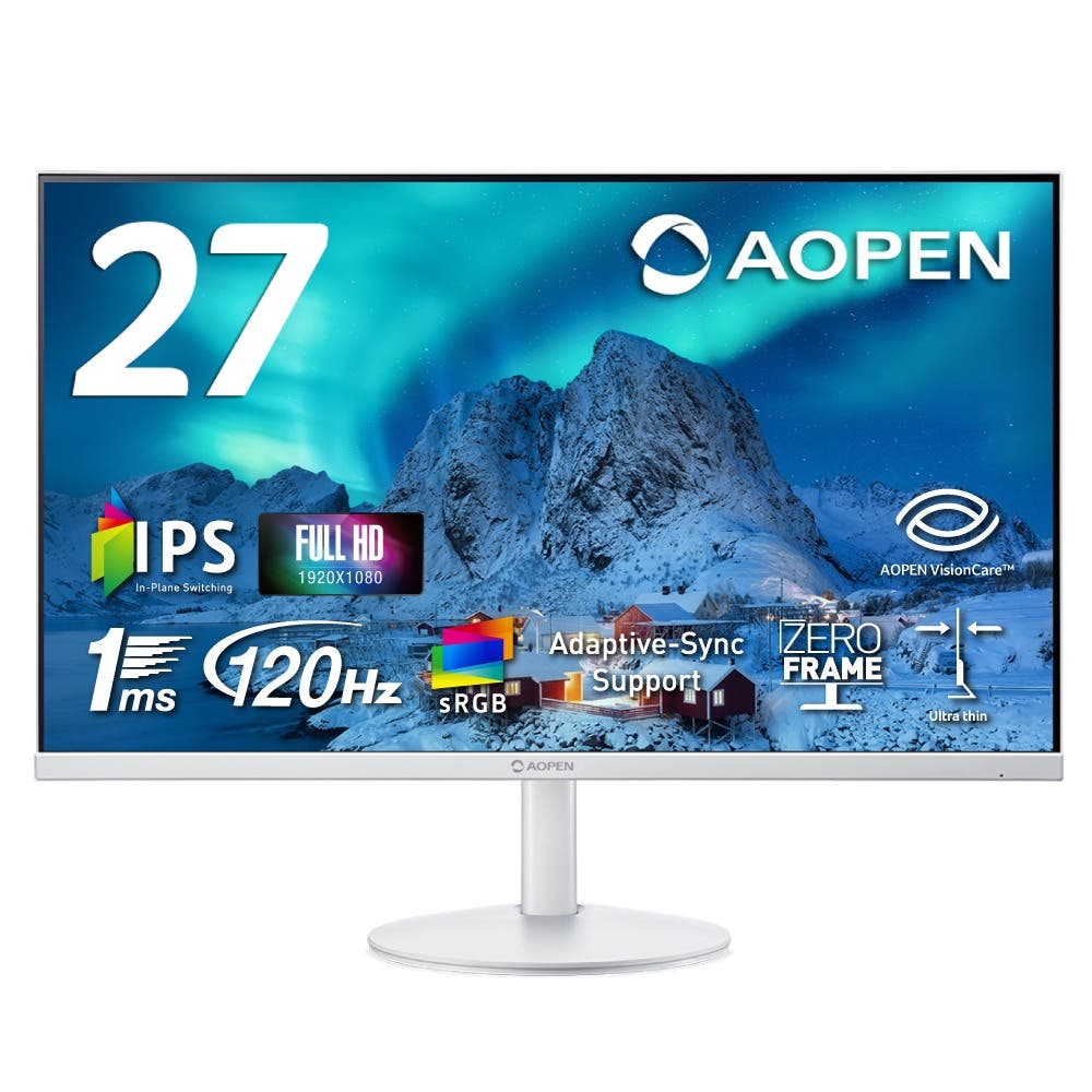 AOPEN モニター 27インチ ワイド フルHD(1920×1080) IPS 非光沢 120Hz 1ms(TVR) sRGB 99% Adaptive-Sync ゼロフレーム 超薄型 HDMI 1.4 ミニD-Sub 15ピン スピーカー内蔵 ヘッドホン端子 音声入力端子 ブルーライト低減 6軸カラー VESAマウント対応 ホワイト 27SB3G0wmix