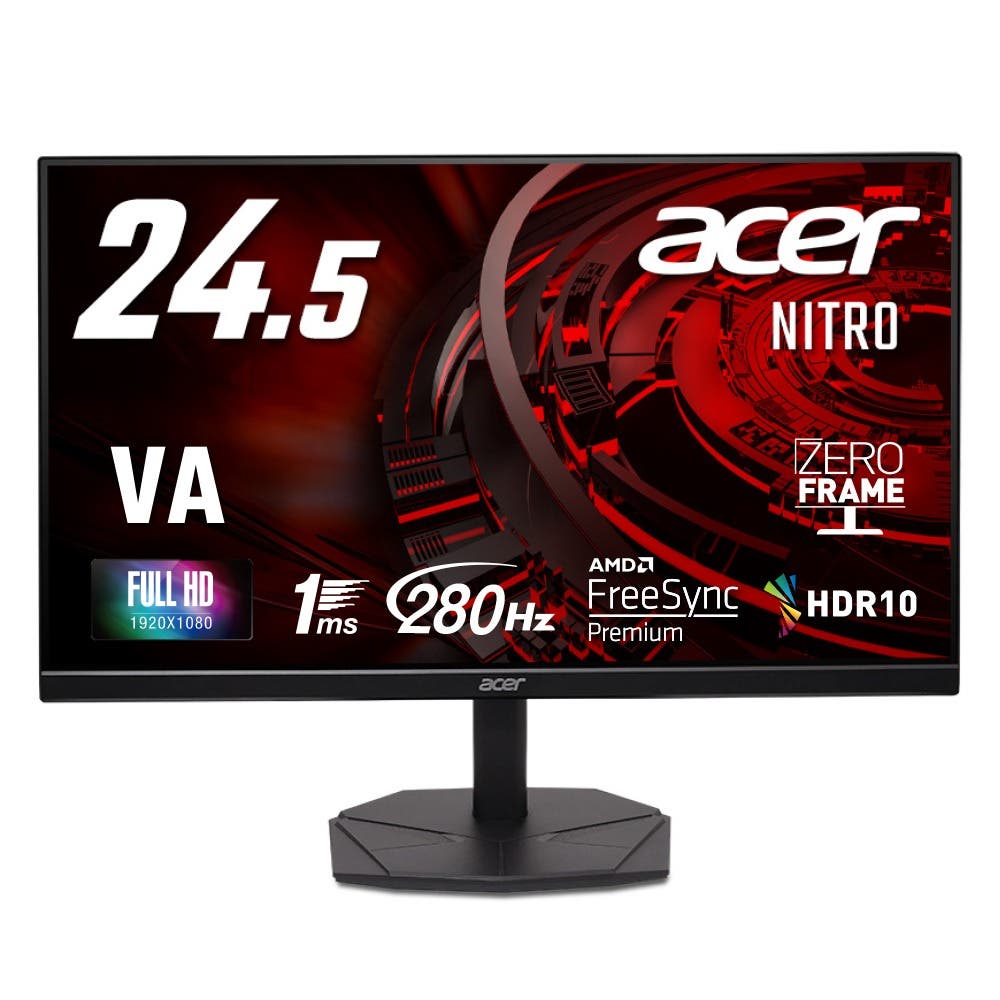 Acer Acer Nitro ゲーミングモニター 24.5インチ　VA フルHD 非光沢 280Hz 1ms sRGB99% AMD FreeSync™ Premium HDR10 HDMI 2.0 DisplayPort 1.4 スピーカー・ヘッドホン端子搭載 ゼロフレームデザイン KG251QZ1bmiipx - スペック詳細