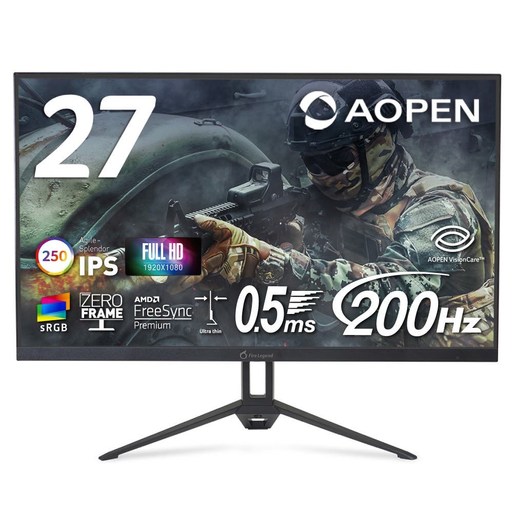 AOPEN ゲーミングモニター 27インチ Agile-Splendor IPS フルHD 非光沢 200Hz 0.5ms(GTG) sRGB 96% AMD FreeSync Premium HDR10 ゼロフレーム 超薄型 HDMI 2.0 DisplayPort v1.2 ブルーライト低減 VESAマウント対応 27KG3X1bmipx