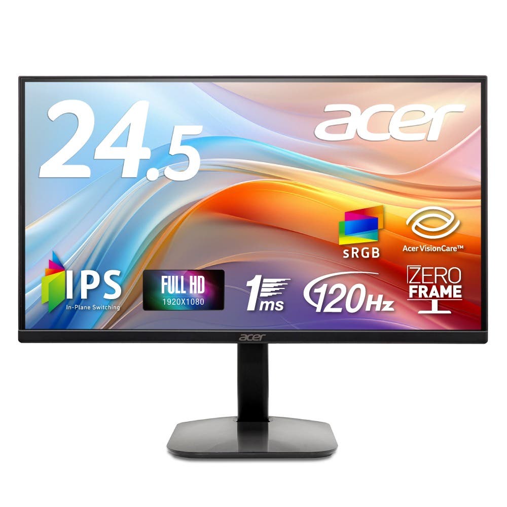 Acer モニター 24.5インチ ワイド フルHD 非光沢 IPS 120Hz 1ms(VRB) sRGB 99% AdaptiveSync HDMI 1.4 ミニD-Sub 15ピン スピーカー・ヘッドホン端子 音声入力端子 VESAマウント対応 ゼロフレームデザイン KA252QG0bmix