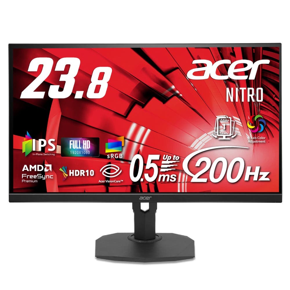 Acer Nitro ゲーミングモニター 23.8インチ フルHD IPS 非光沢 エルゴスタンド 200Hz 0.5ms (GTG, Min.) sRGB 99% AMD FreeSync Premium ブラックブースト HDR10 VRB ブルーライト低減 HDMI 2.0 DisplayPort v1.2 スピーカー・ヘッドホン端子 VESAマウント対応 XF243YX1bmiiprx