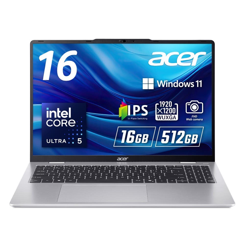 Acer ノートパソコン Aspire Lite インテル Core Ultra 5 16GBメモリー 512GB SSD 16インチ WUXGA 16:10 IPSパネル 1.86Kg 10時間駆動 200万画素 Webカメラ スライドカバー付 WiFi 6対応 Bluetooth 5.2 日本語キーボード Copilotキー ライトシルバー AL16-53P-F56Y