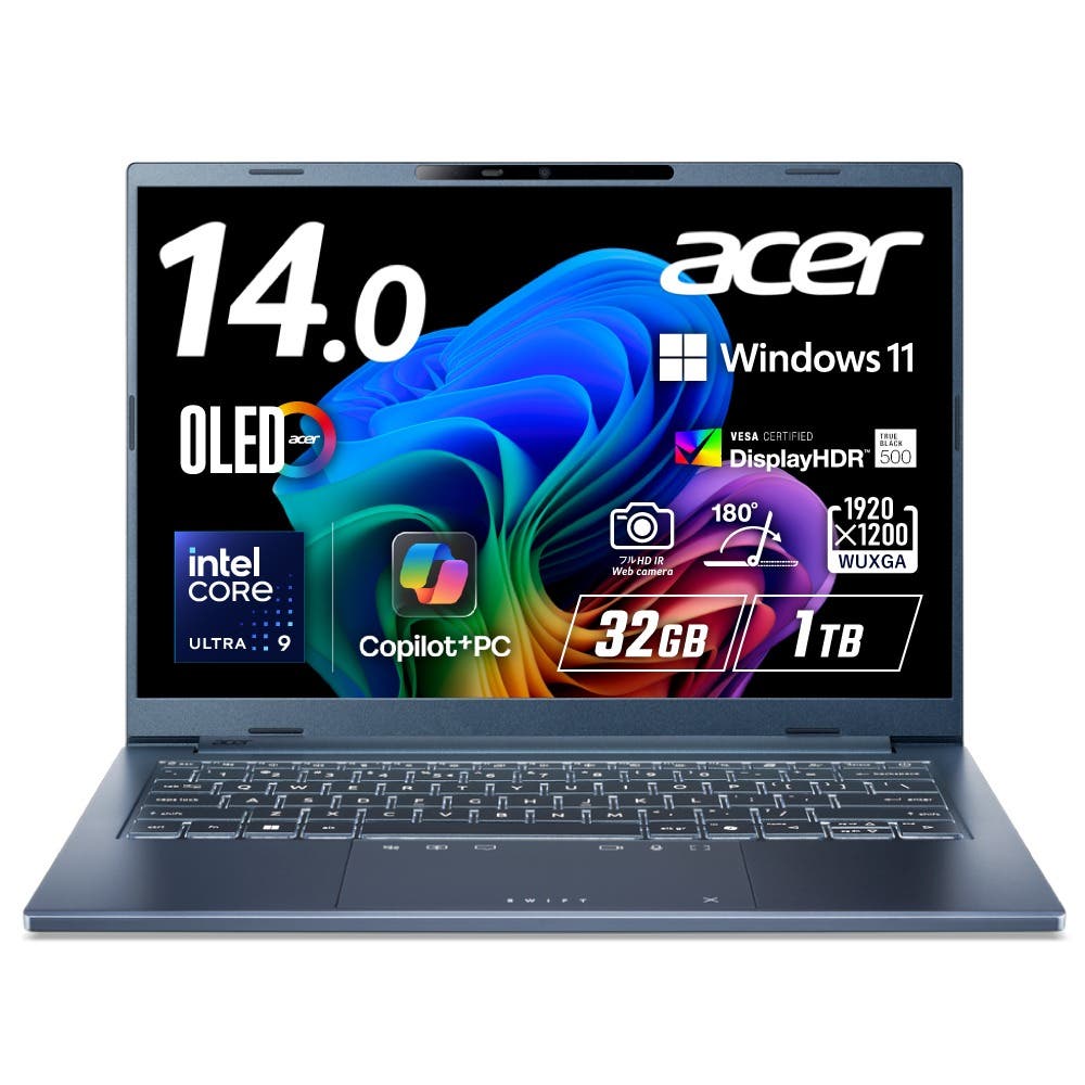 Acer Swift Go 14 AI インテル Core Ultra 9 OLED 光沢 DCI-P3 100% WUXGA 16:10 32GBメモリ 1TB SSD 14インチ   23.5時間駆動 薄型軽量 1.24kg 207万画素 IR Webカメラ Wi-Fi 7 日本語キーボード Copilot＋PC スチームブルー ノートパソコン SFG14-75-A93Z