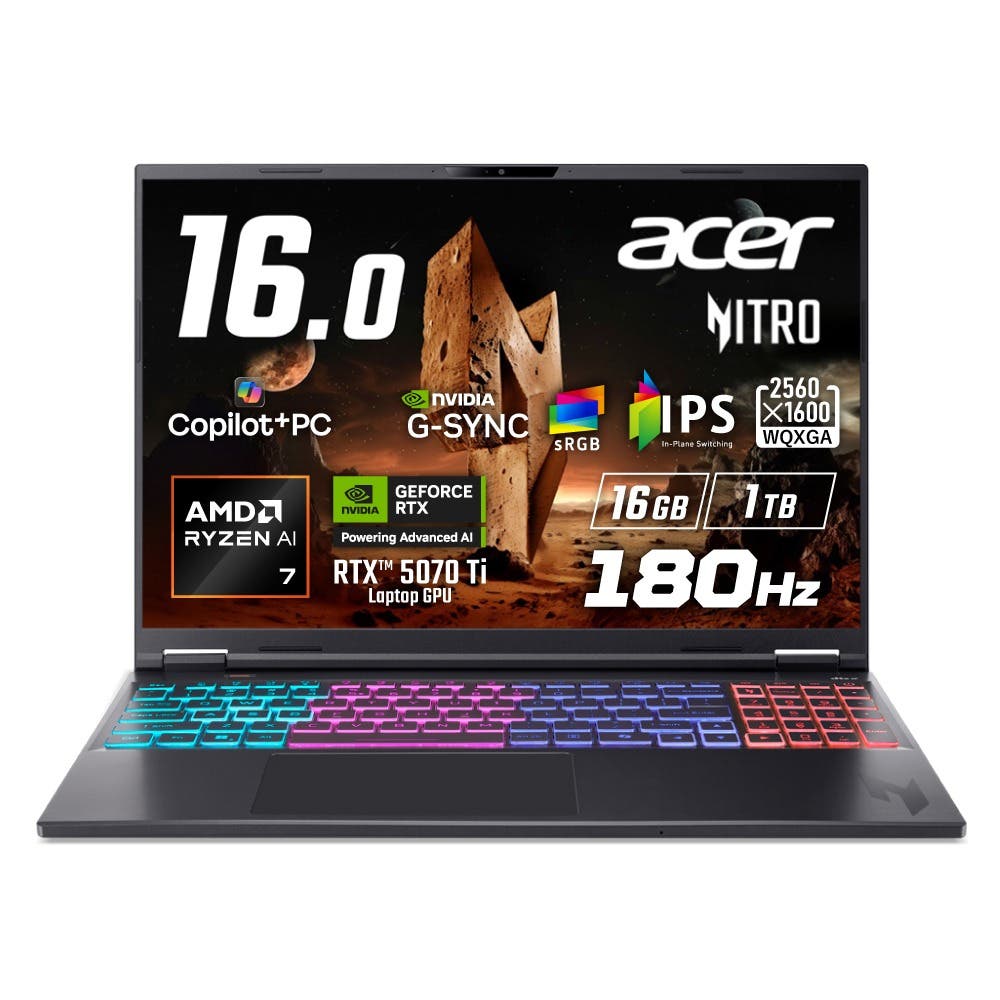 Acer Nitro 16S Windows 11 Home AI Ryzen AI 7 350 RTX 5070 Ti 16GBメモリー 1TB SSD 16インチ WQXGA 16:10 IPS 非光沢 180Hz デュアルファン クアッド吸排気 sRGB 100% G-SYNC 207万画素 カメラ  WiFi 6E Bluetooth 5.2 Copilot＋PC 英字キーボード AN16S-61-A76Z57T/E