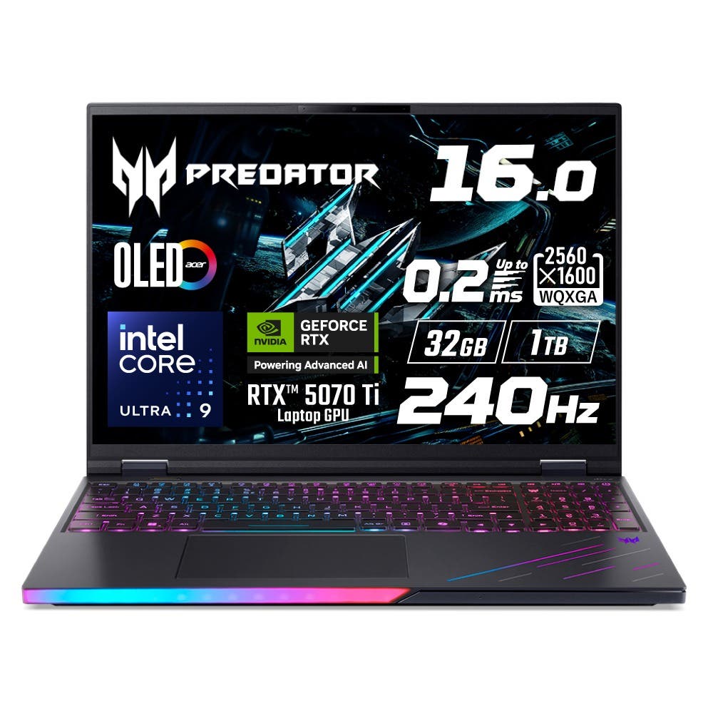 Acer Predator Helios 16 AI Core Ultra 9 275HX RTX 5070 Ti 32GBメモリー 1TB SSD 16インチ WQXGA 16:10 OLED 光沢 240Hz 第6世代 AeroBlade 3Dファン 207万画素 Webカメラ DCI-P3 100% WiFi 7 Windows 11 英字キーボード PH16-73-N93Z57T/E