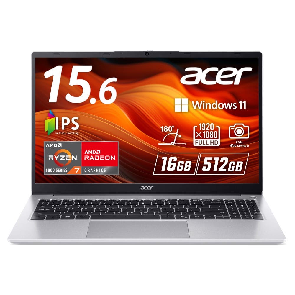 Acer Acer Aspire Lite 15 Ryzen 7 5825U Radeon 16GBメモリー 512GB SSD 15.6インチ IPS フルHD 非光沢 WiFi 6 Bluetooth 5.2 8時間駆動 180°ヒンジ Windows 11 Home 日本語キーボード ノートパソコン AL15-43P-A76Y - スペック詳細