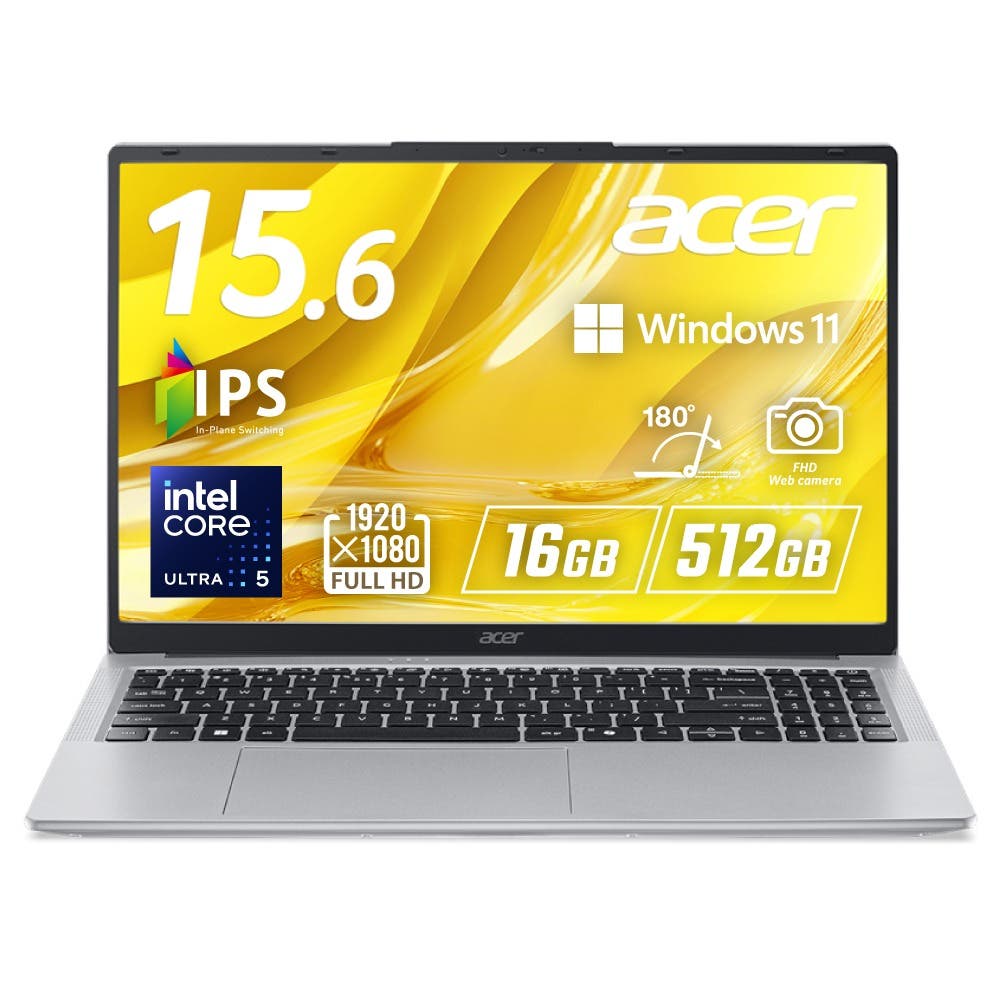 Acer Aspire Lite 15 16GBメモリー 512GB SSD 15.6インチ フルHD IPS 非光沢 インテル Core Ultra 5 115U 180°ヒンジ 軽量 スリム 207万画素 Webカメラ スライドカバー付 microSDカード WiFi 6 Bluetooth 5.2 日本語キーボード AL15-54P-F56Y