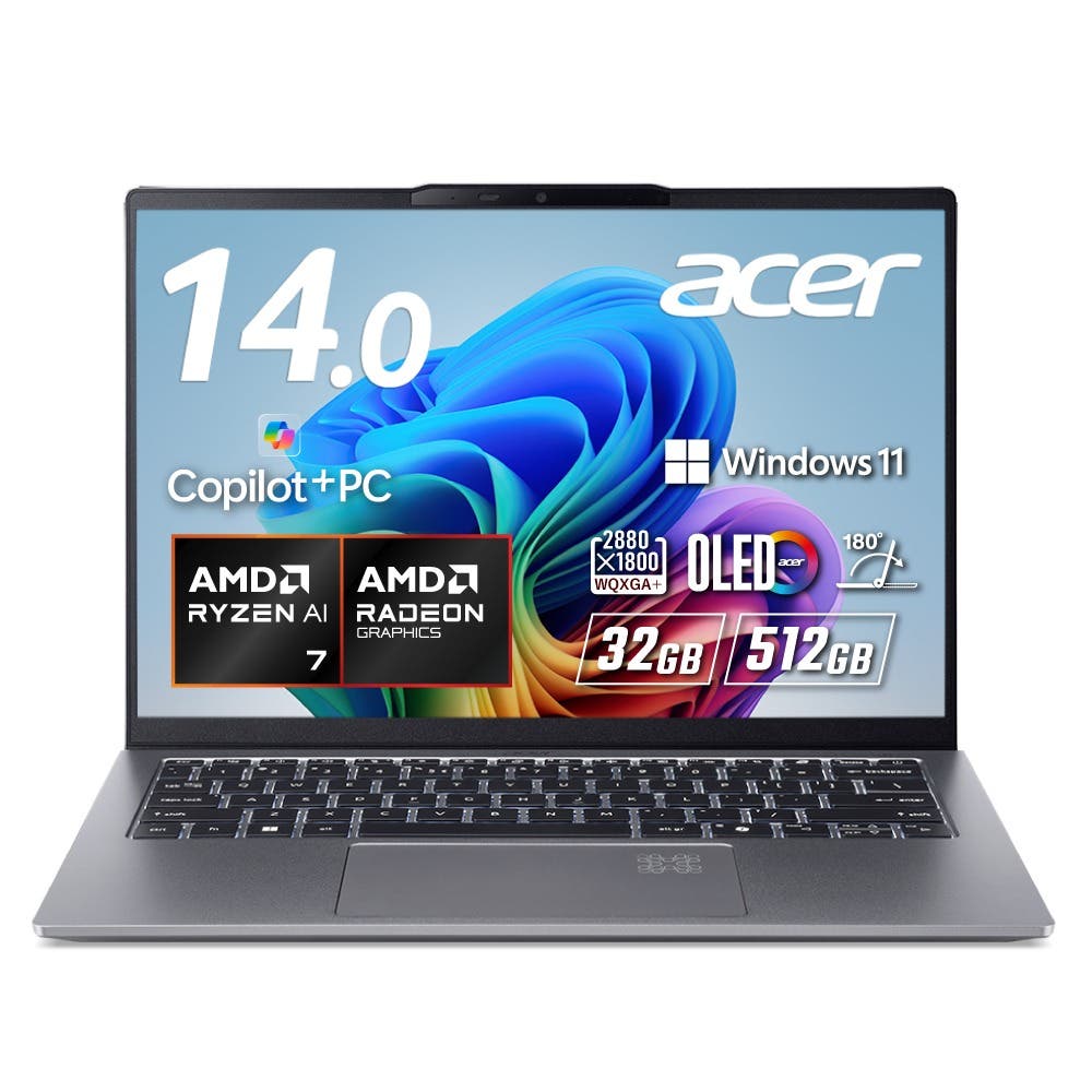 Acer Swift Go 14 ノートパソコン AI Ryzen AI 7 OLED DCI-P3 100% WQXGA＋ 16:10 32GBメモリ 512GB SSD 14インチ 薄型軽量 アルミニウム 1.28Kg 16時間駆動 360万画素 Webカメラ 指紋認証 Wi-Fi 7 Eyesafe 日本語キーボード Copilot＋PC スパークリーシルバー SFG14-64-N73Y