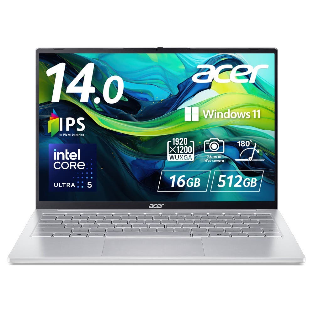 Acer Swift Lite 14 Windows 11 Home 16GBメモリー 512GB SSD 14インチ WUXGA 16:10 IPS 非光沢 インテル Core Ultra 5 115U アルミニウム合金 180°ヒンジ 9時間駆動 990g 200万画素 Webカメラ スライドカバー付 WiFi 6 スピーカー・マイク内蔵 日本語キーボード SFL14-54M-H56Y