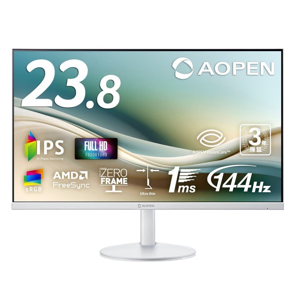 AOPEN モニター 23.8インチ フルHD(1920×1080) IPS 非光沢 144Hz 1ms(TVR) sRGB 99% AMD FreeSync ゼロフレーム 超薄型 HDMI 1.4 ミニD-Sub 15ピン スピーカー・ヘッドホン端子 ブルーライト低減 ホワイト 3年保証(パネルは1年) 24SB3YP1wmix