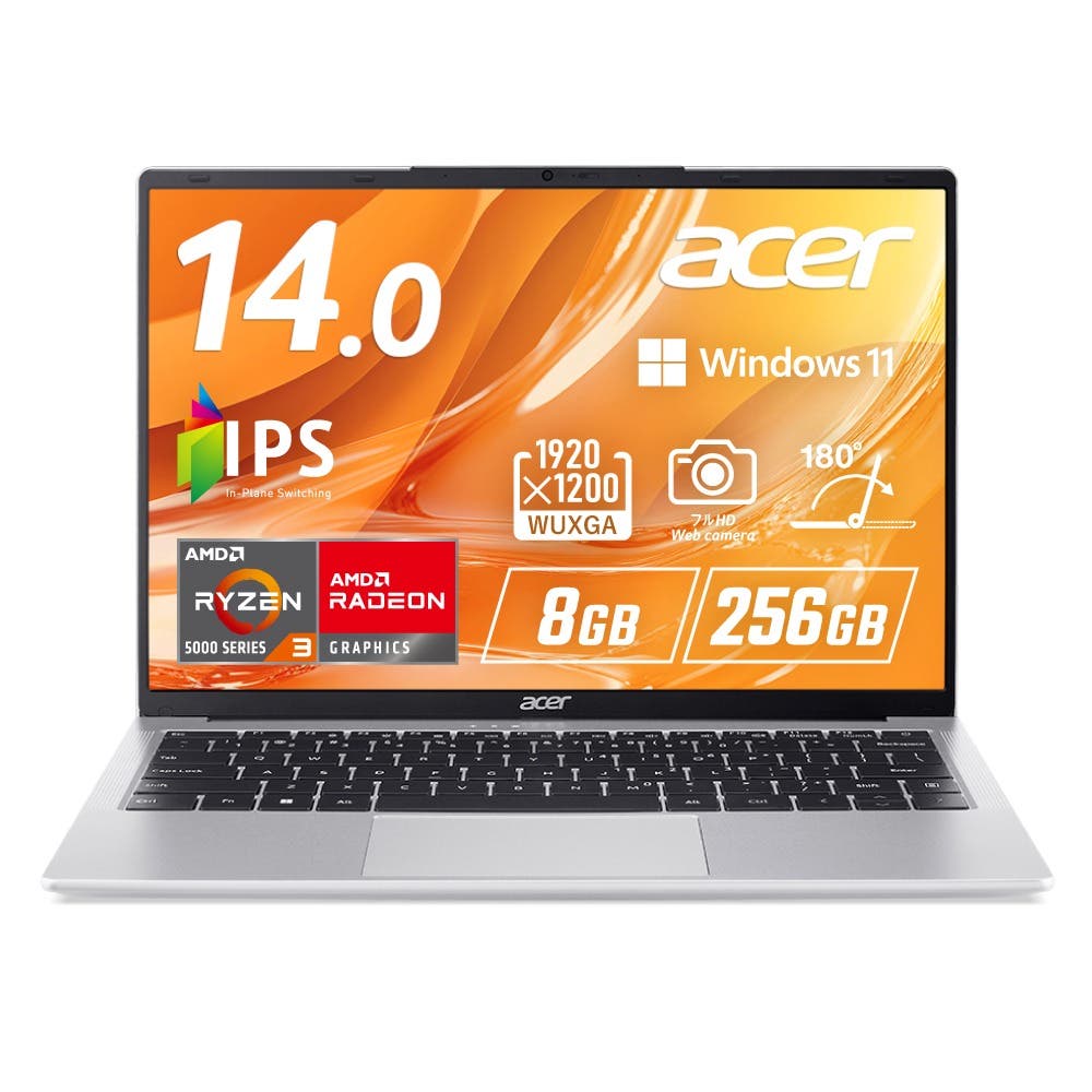 Acer Aspire Lite 14 Windows 11 Home 8GBメモリー 256GB SSD 14インチ WUXGA 16:10 IPS 非光沢 AMD Ryzen 3 5400U 180°ヒンジ 207万画素 フルHD Webカメラ スライドカバー付 microSDカード WiFi 6 Bluetooth 5.2 日本語キーボード AL14-45P-H38U