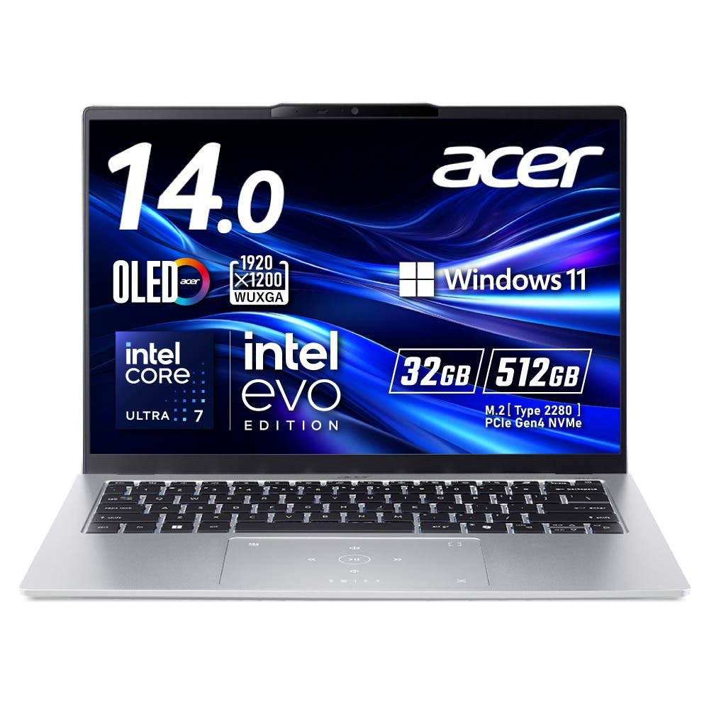 Acer Swift Go 14 ノートパソコン Core Ultra 7 OLED DCI-P3 100% WUXGA 16:10 32GBメモリ 512GB SSD 14インチ 薄型軽量 アルミニウム 1.28Kg 13.5時間駆動 360万画素 Webカメラ スライドカバー付 Wi-Fi 7対応 日本語キーボード Copilotキー ピュアシルバー SFG14-74-N73Y