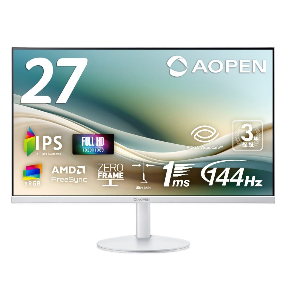 AOPEN モニター 27インチ フルHD(1920×1080) IPS 非光沢 144Hz 1ms(TVR) sRGB 99% AMD FreeSync ゼロフレーム 超薄型 HDMI 1.4 ミニD-Sub 15ピン スピーカー・ヘッドホン端子 ブルーライト低減 ホワイト 3年保証(パネルは1年) 27SB3P1wmix