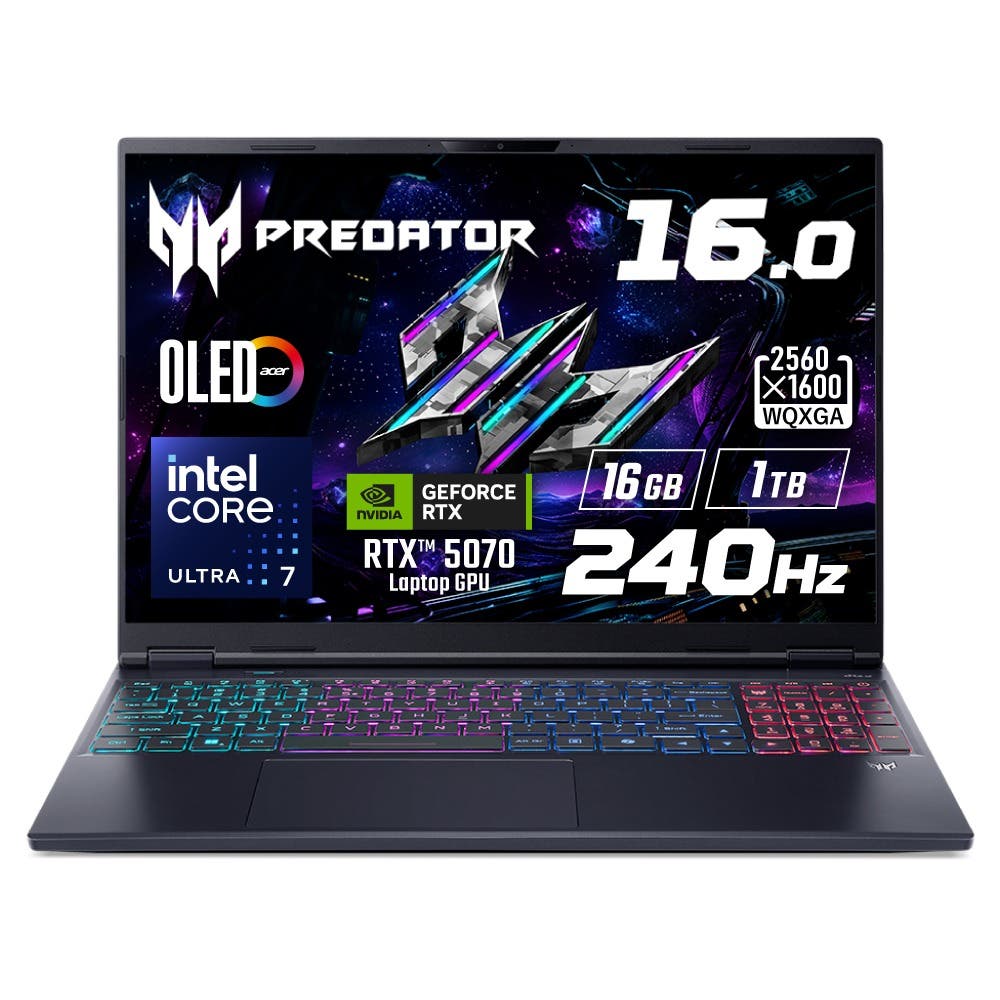 Acer Core Ultra 7 255HX RTX 5070 OLED 16GBメモリー 1TB SSD 16インチ WQXGA 240Hz 光沢 第5世代 AeroBlade 3Dファン DCI-P3 100％ WiFi 6E Windows 11 英字キーボード ゲーミングノートパソコン Predator Helios Neo 16S AI PHN16S-71-N76Z57/E
