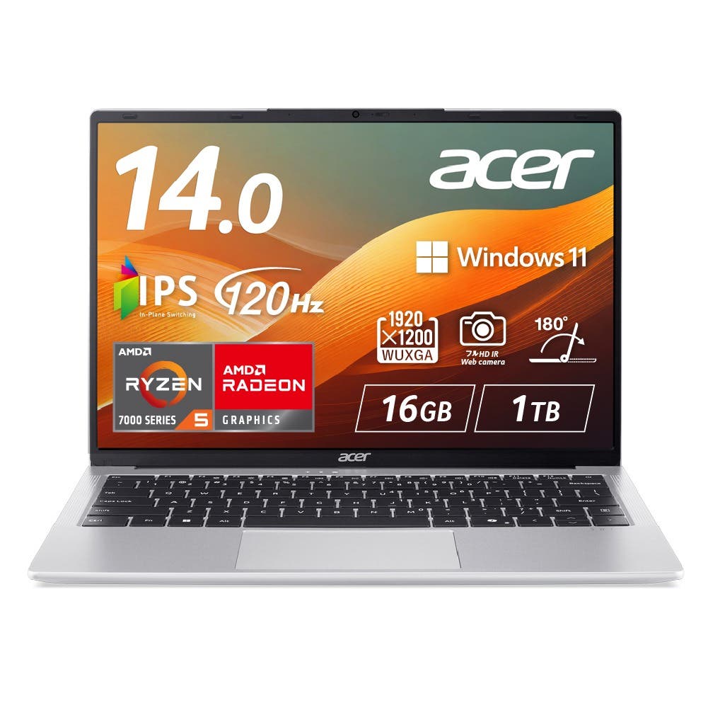 Acer Swift Lite 14 Windows 11 Home 16GBメモリー 1TB SSD 14インチ WUXGA 16:10 IPS 非光沢 120Hz AMD Ryzen 5 7430U 180°ヒンジ 8時間駆動 1.24kg 207万画素 Webカメラ スライドカバー付 WiFi 6 スピーカー・マイク内蔵 日本語キーボード SFL14-41P-A56Z