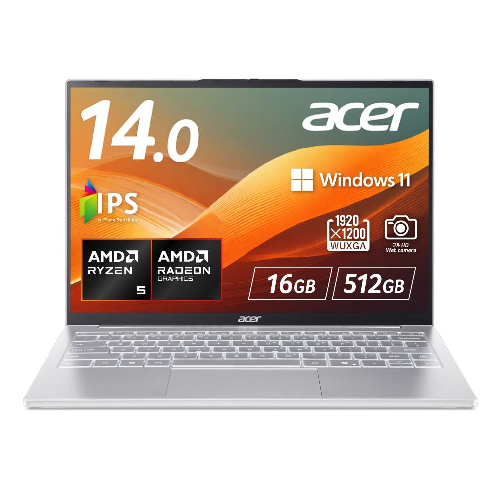 Acer Swift Lite 14 Windows 11 Home 16GBメモリー 512GB SSD 14インチ WUXGA 16:10 IPS 非光沢 AMD Ryzen 5 240 アルミニウム合金 180°ヒンジ 9時間駆動 999g 207万画素 Webカメラ スライドカバー付 WiFi 6 スピーカー・マイク内蔵 バックライト付日本語キーボード SFL14-41M-A56Y
