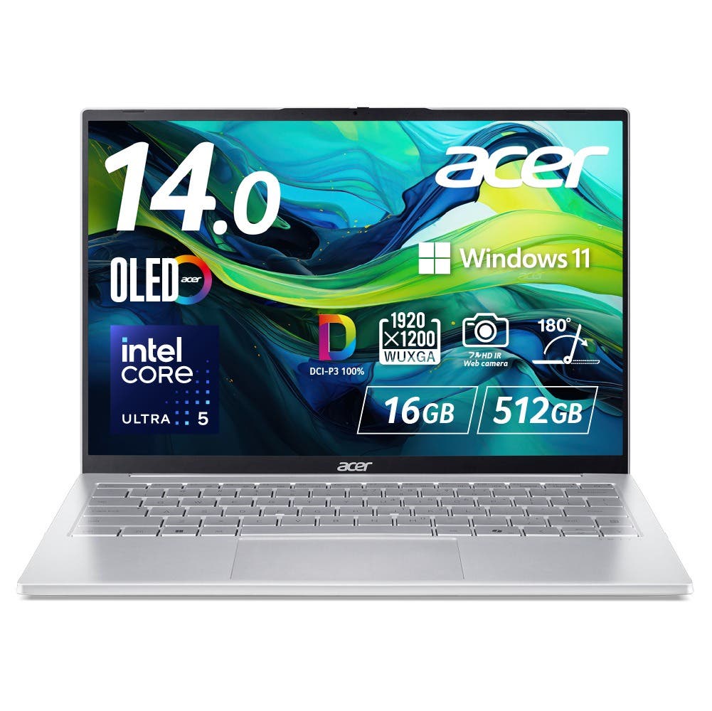 Acer Swift Lite 14 16GBメモリー 512GB SSD 14インチ WUXGA 16:10 OLED 光沢 インテル Core Ultra 5 115U アルミニウム合金 180&deg;ヒンジ 9時間駆動 1.1kg 200万画素 Webカメラ スライドカバー付 WiFi 6 スピーカー・マイク内蔵 日本語キーボード SFL14-54M-A56Y