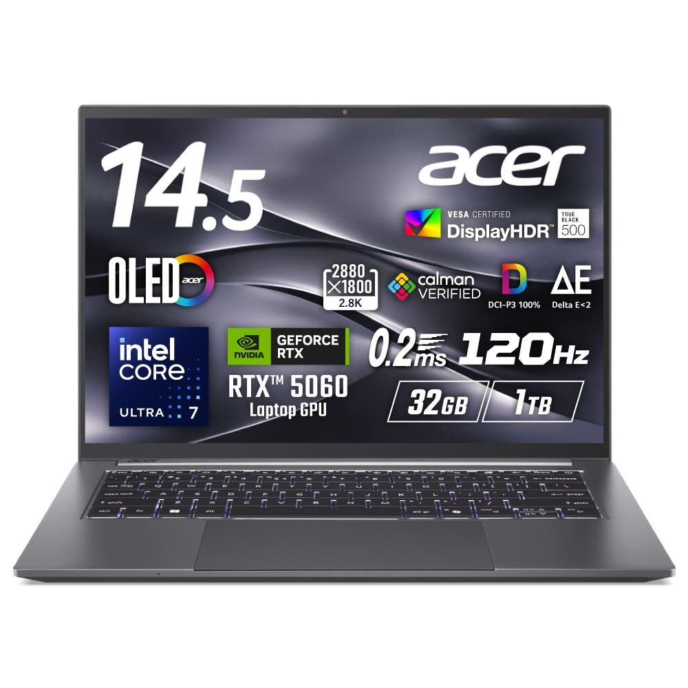 Acer Swift X 14 Core Ultra 7 255H RTX 5060 32GBメモリー 1TB SSD 14.5インチ 2.8K 16:10 OLED 光沢 120Hz 0.2ms True Black 500 calman DCI-P3 100% 207万画素 Webカメラ タッチディスプレイ MUXスイッチ スタイラスペン 英字キーボード SFX14-73GP-A73Z56/E
