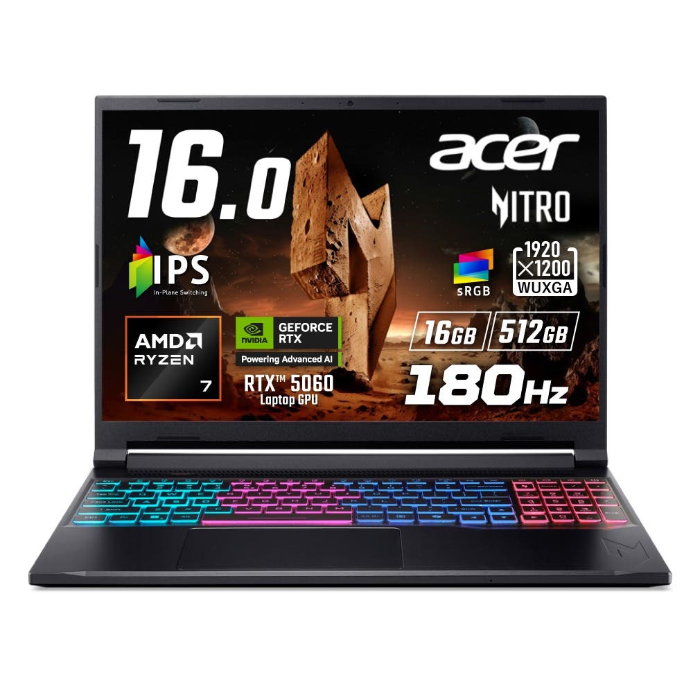 Acer Nitro V 16S Windows 11 Home AI Ryzen 7 260 RTX 5060 16GBメモリー 512GB SSD 16インチ WUXGA 16:10 IPS 非光沢 180Hz デュアルファン クアッド吸排気 sRGB 100% 92万画素 Webカメラ  WiFi 6E Bluetooth 5.2 MUXスイッチ 英字キーボード ANV16S-41-A76Y56/E