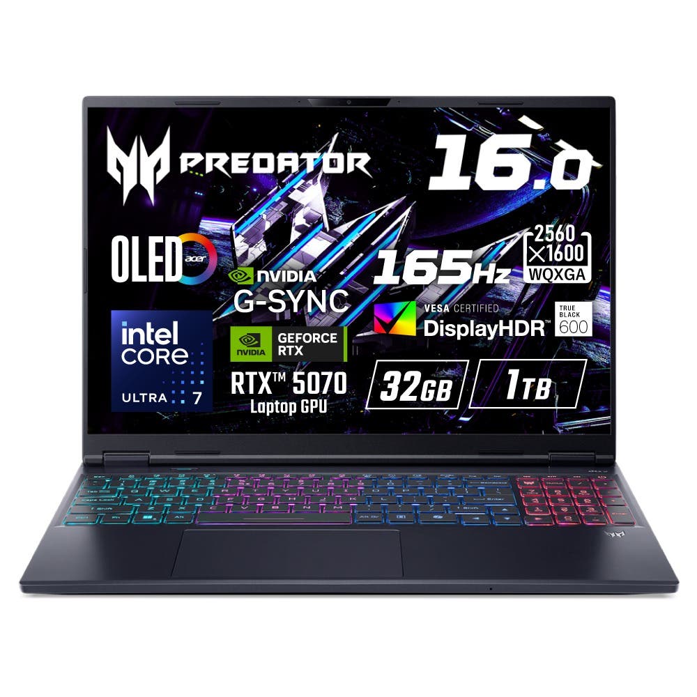 Acer Predator Helios Neo 16S AI Windows 11 Home Core Ultra 7 255HX RTX 5070 32GBメモリー 1TB SSD 16インチ WQXGA OLED 165Hz 第5世代 AeroBlade 3Dファン True Black 600 DCI-P3 100％ WiFi 6E Bluetooth 5.3 日本語キーボード PHN16S-71-F73Z57