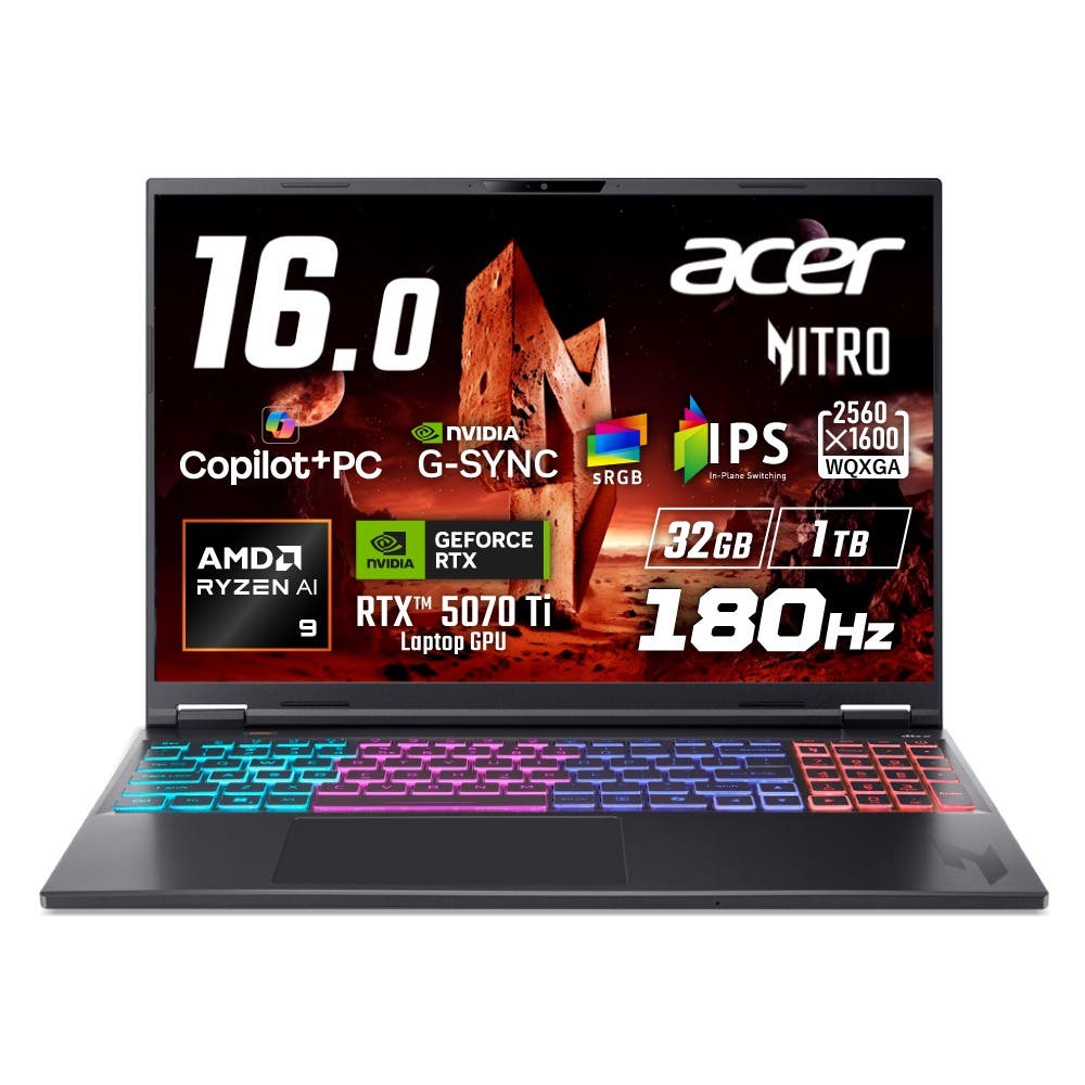 Acer Nitro 16S AI  Windows 11 Home Ryzen AI 9 365 RTX 5070 Ti 32GBメモリー 1TB SSD 16インチ WQXGA 16:10 IPS 非光沢 180Hz デュアルファン クアッド吸排気 液体金属熱グリス sRGB 100% G-SYNC WiFi 6E Bluetooth 5.2 有線LAN 日本語キーボード AN16S-61-F93Z57T