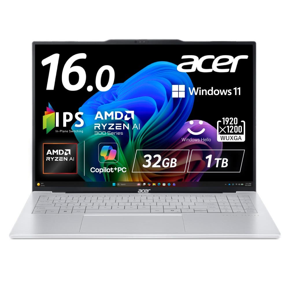 Acer Swift Air 16 Windows 11 Home 32GBメモリー 1TB SSD 16インチ WUXGA IPS 非光沢 AMD Ryzen AI 7 350 Radeon 860M マグネシウムアルミニウム合金 薄型軽量 990g 13時間駆動 207万画素 IR Webカメラ スライドカバー付 WiFi 6E Copilot＋PC バックライト付 日本語キーボード SFA16-61M-F73Z