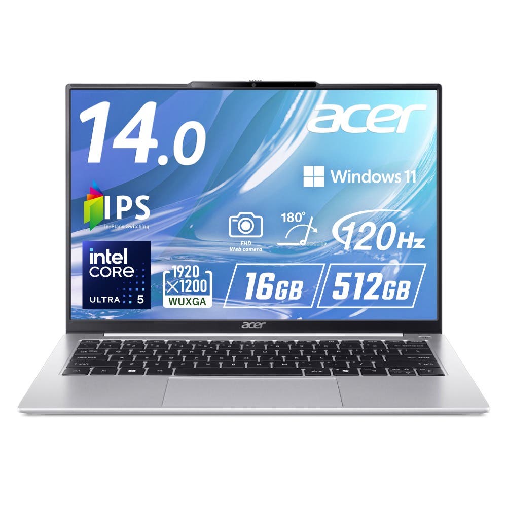 Acer Aspire Lite 14 Windows 11 Home 16GBメモリー 512GB SSD 14インチ WUXGA 16:10 IPS 非光沢 120Hz インテル Core Ultra 5 115U 180°ヒンジ 207万画素 フルHD Webカメラ スライドカバー付 microSDカード WiFi 6 Bluetooth 5.1 日本語キーボード AL14-53P-H56Y