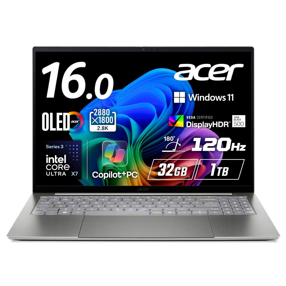 Acer Swift 16 AI Windows 11 Home インテル Core Ultra X7 358H OLED 光沢 2.8K DCI-P3 100% 120Hz マルチタッチディスプレイ 32GBメモリ 1TB SSD 16インチ 薄型軽量 24時間駆動 207万画素 IR Webカメラ Wi-Fi 7 英字キーボード Copilot＋PC ストーンウォッシュグレイ ノートパソコン SF16-71T-H73Z/E
