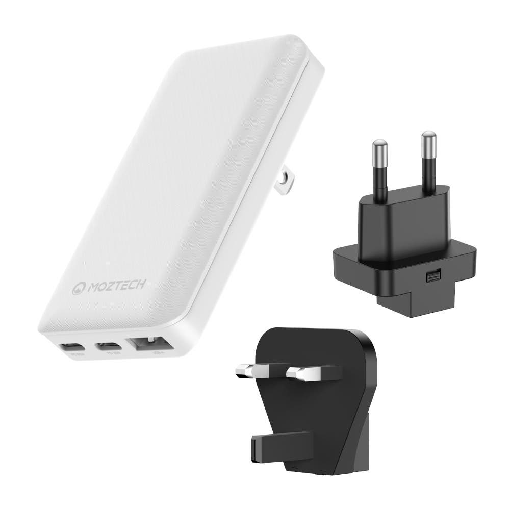 MOZTECH｜65W GaN超薄電源供應器-白色*1+PlugMate 轉接頭-歐規*1+英規*1
