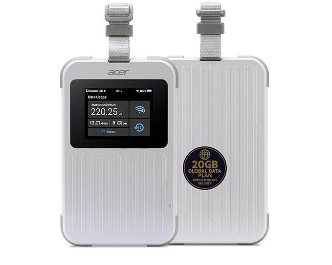 

Acer Connect M6E 5G Mobile WiFi| WiFi 6E Hotspot 20 Devices| 2.4″ Touchscreen| Global 135+ Country Coverage| 8000 mAh Battery | IP68 Rugged | Enterpri
