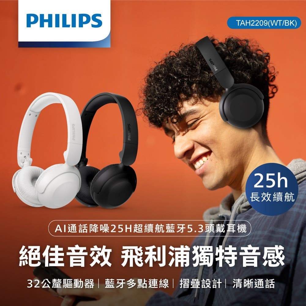 PHILIPS AI通話降噪25H超續航藍牙5.3頭戴耳機(白)-TAH2209WT