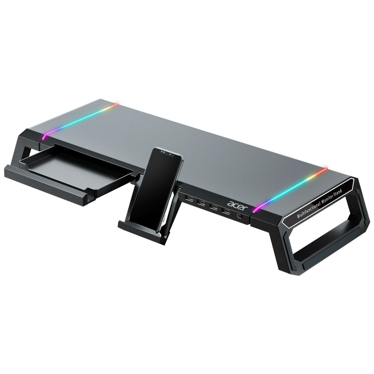 

Acer Ergo Multifunction Monitor Laptop Stand Featuring RGB Lighting and a 4-Port USB Hub with Aluminum Multi Keyboard Storage Space Bar Suitable for