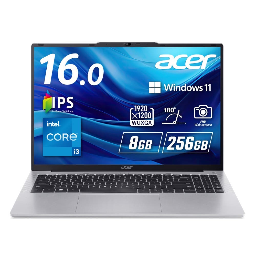 Acer Aspire Lite Windows 11 Home ノートパソコン インテル Core i3 1305U 8GBメモリー 256GB SSD 16インチ WUXGA 16:10 IPSパネル 1.82Kg 8時間駆動 200万画素 Webカメラ スライドカバー付 WiFi 6対応 Bluetooth 5.2 日本語キーボード Copilotキー ライトシルバー AL16-52P-F38Y
