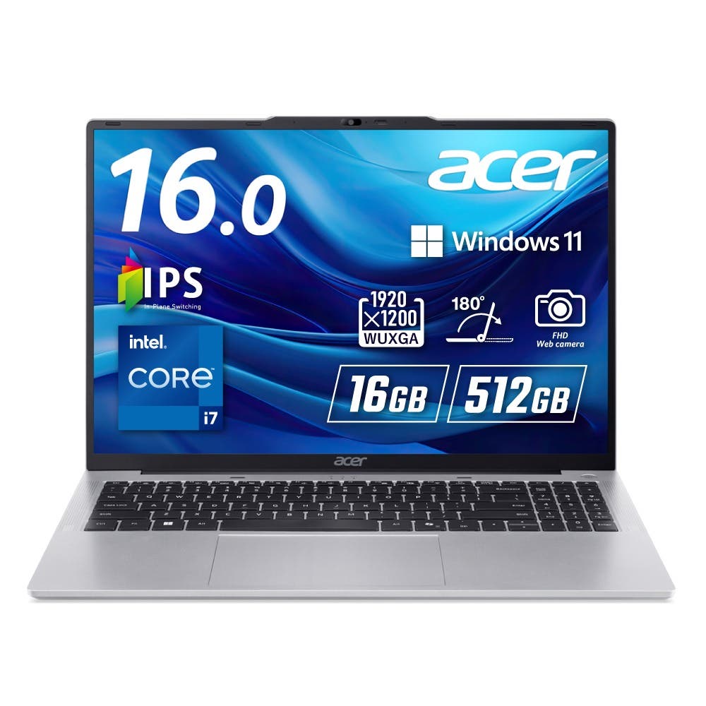 Acer Aspire Lite Windows 11 Home ノートパソコン インテル Core i7 1355U 16GBメモリー 512GB SSD 16インチ WUXGA 16:10 IPSパネル 1.82Kg 8時間駆動 200万画素 Webカメラ スライドカバー付 WiFi 6対応 Bluetooth 5.2 日本語キーボード Copilotキー ライトシルバー AL16-52P-F76Y