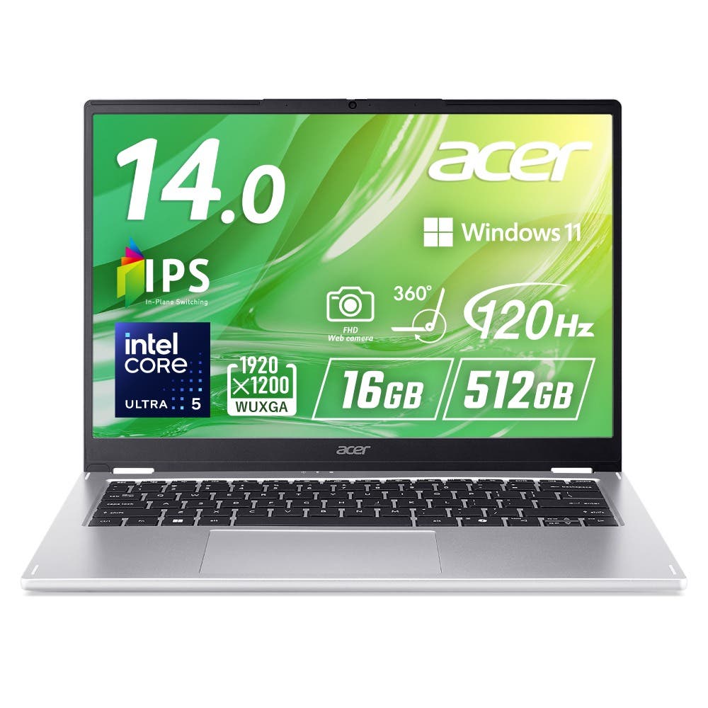 Acer Aspire Spin 14 Windows 11 Home 16GBメモリー 512GB SSD 14インチ WUXGA 16:10 IPS 非光沢 インテル Core Ultra 5 115U タッチディスプレイ 360°ヒンジ 120Hz 207万画素 Webカメラ スライドカバー付 microSDカード WiFi 6 Bluetooth 5.2 日本語キーボード ASP14-51N-F56Y