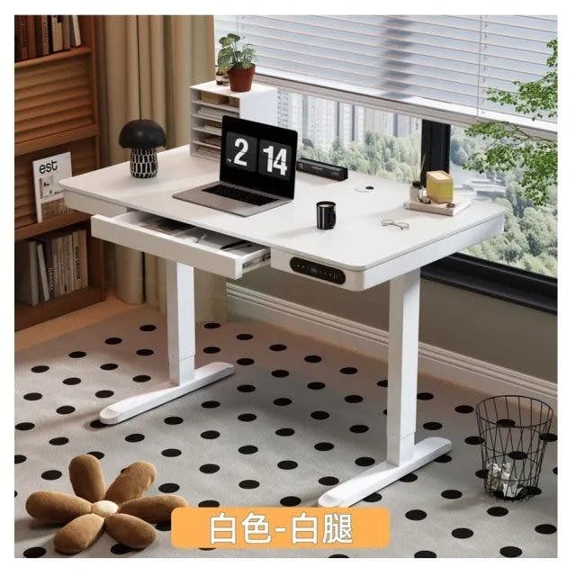 MGSHOP電動升降桌120/60CM電腦桌 辦公桌 書桌 兒童升降桌(楠洋楹木抽屜款)白色
