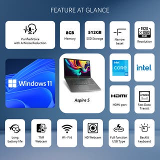Acer Aspire 5 15 Laptop 13th Gen Intel Core i3-1305U Processor (Windows 11 Home/8 (1*8) GB RAM/512 GB SSD) A515-58P, 39.6 cm (15.6") Full HD Display, Steel Gray, 1.78 KG