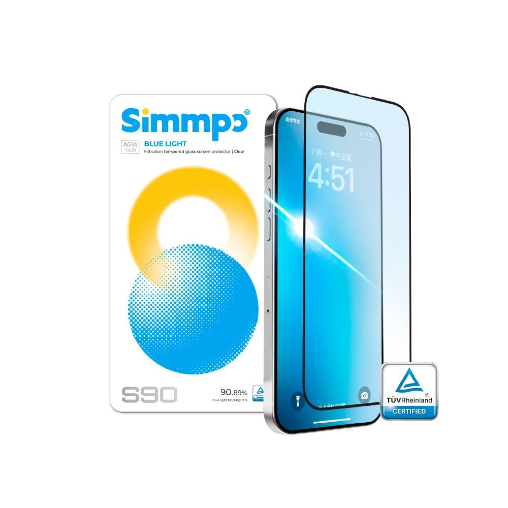 Simmpo｜S-90透明抗藍光護眼保護貼 (iPhone 16/15/14 Pro)