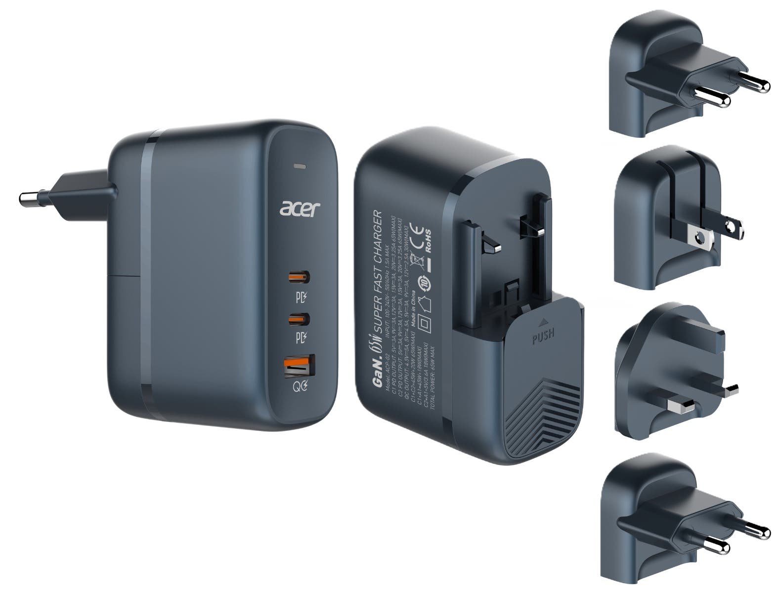 Acer PowerMax 65W GaN USB Charger, Super Fast PD & QC4+ Quick Charging, 3-Port (2 USB-C + 1 USB-A) Fire Safe Compact Travel Adapter with IN/US/UK/EU Plugs for Laptops, Tablets, Smartphones