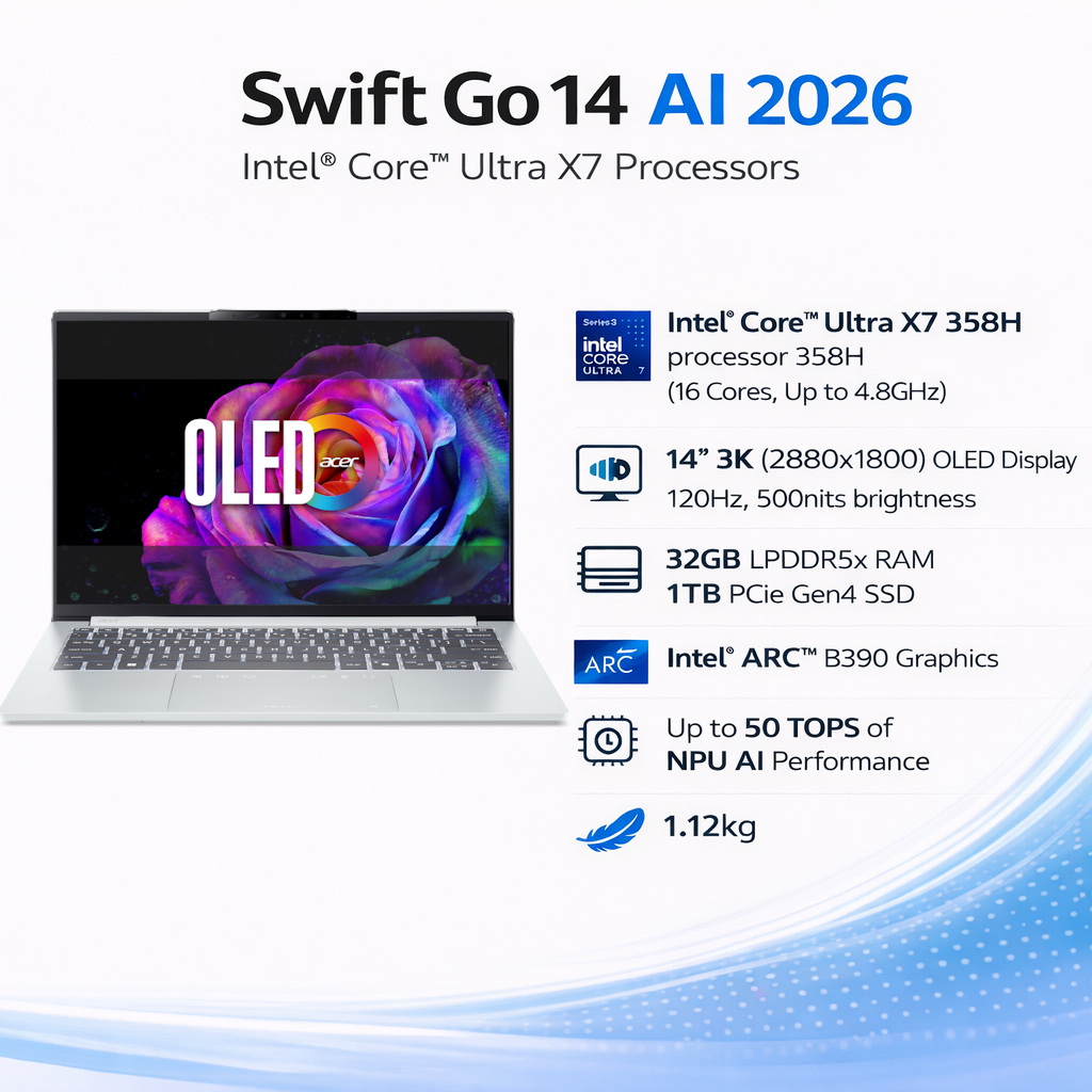 [Latest Intel&reg; Core&trade; Ultra Series 3] Acer Swift Go 14 AI Copilot+ PC Laptop | 14" 3K OLED | Intel&reg; Core&trade; Ultra X7 358H | SFG14-I71-77LX