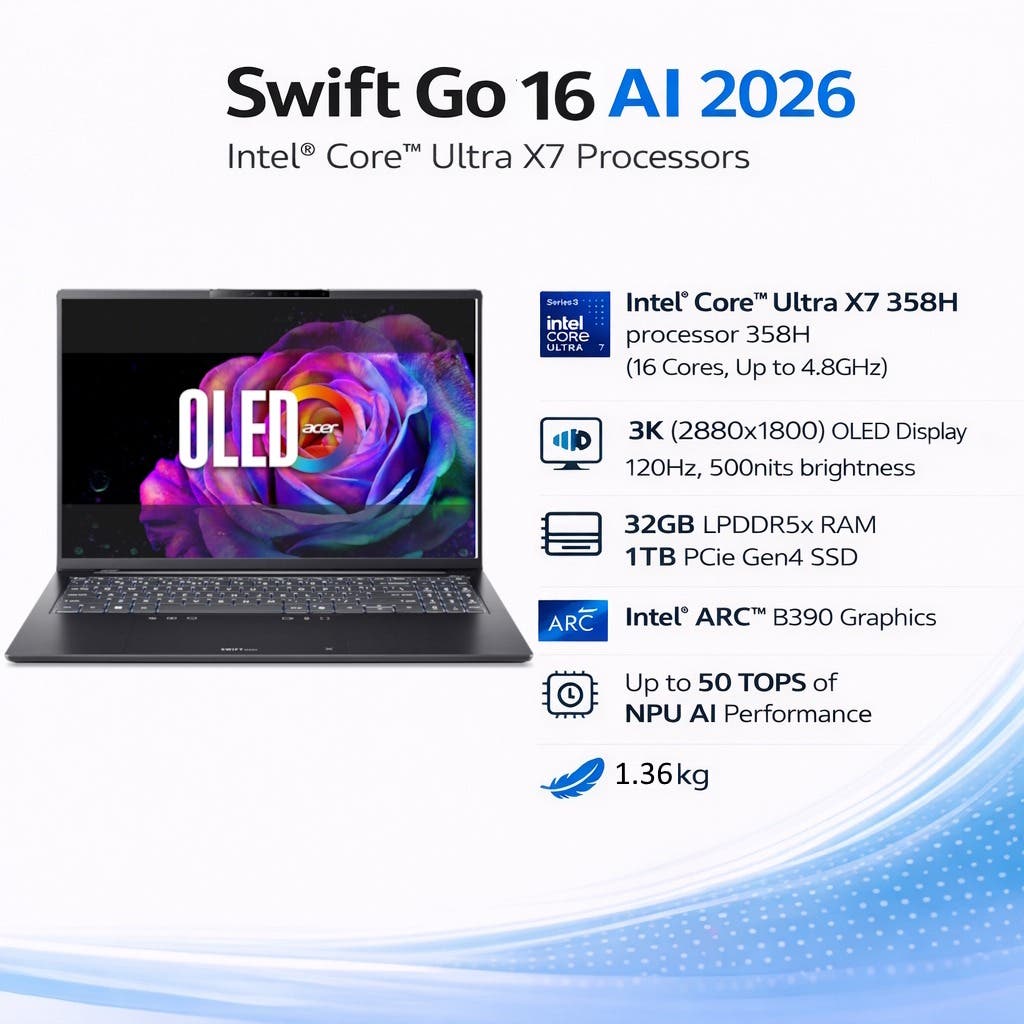 [Latest Intel&reg; Core&trade; Ultra Series 3] Acer Swift Go 16 AI Copilot+ PC Laptop | 16" 3K OLED | Intel&reg; Core&trade; Ultra X7 358H | SFG16-I71-74N5