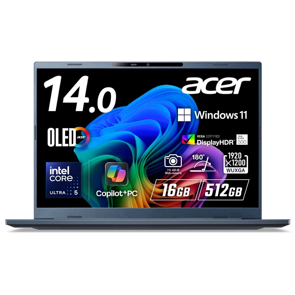 Acer Swift Go 14 AI Windows 11 Home インテル Core Ultra 5 OLED 光沢 DCI-P3 100% WUXGA 16:10 16GBメモリ 512GB SSD 14インチ   23.5時間駆動 薄型軽量 1.24kg 207万画素 IR Webカメラ Wi-Fi 7 日本語キーボード Copilot＋PC スチームブルー ノートパソコン SFG14-75-A56Y
